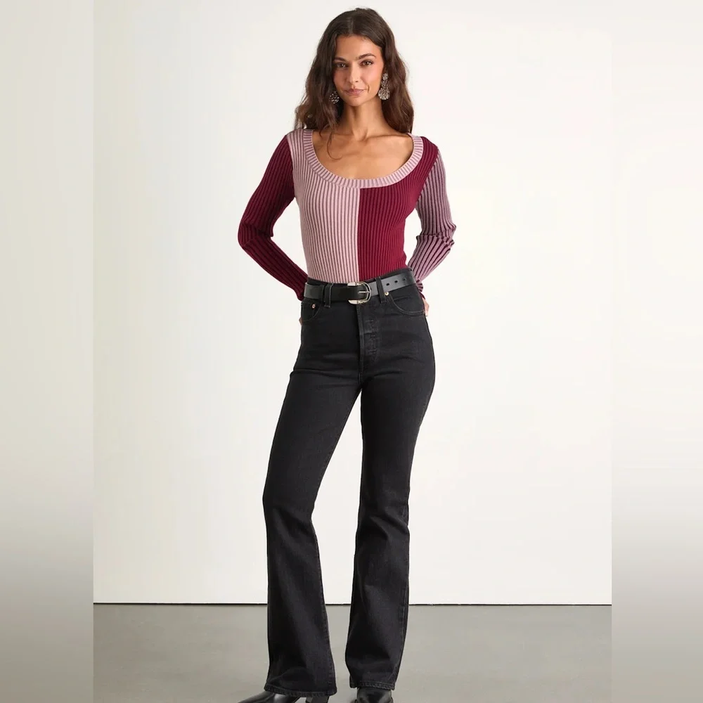Lulus Mod Cutie Burgundy Color Block Ribbed Long Sleeve Bodysuit Small - Picture 3 of 6